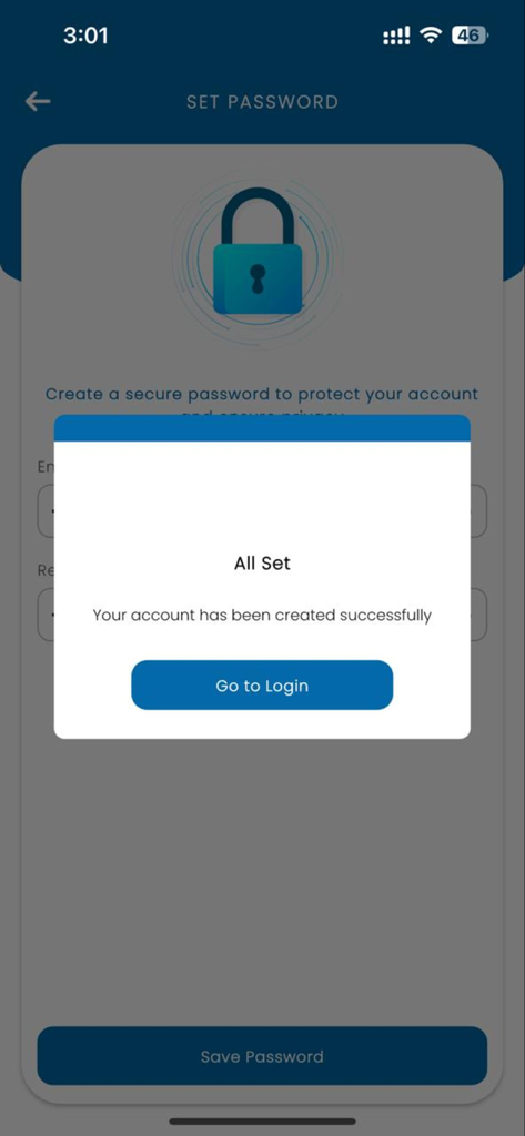 ECARE INTERNATIONAL TPA - Account creation success message in the ECARE INTERNATIONAL TPA mobile app