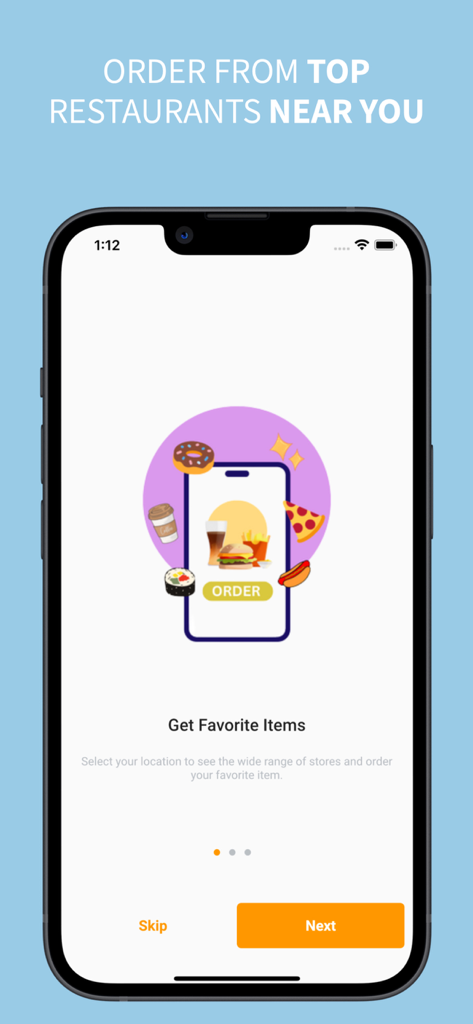Onboarding screen of ZipGripGo food delivery app showing options to order from top restaurants
