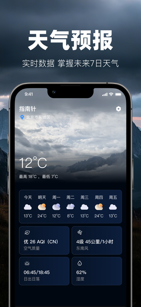 指南针 -实时GPS经纬度海拔测量软件 - Écran de prévisions météo de l'application boussole affichant la température et les prévisions sur 7 jours
