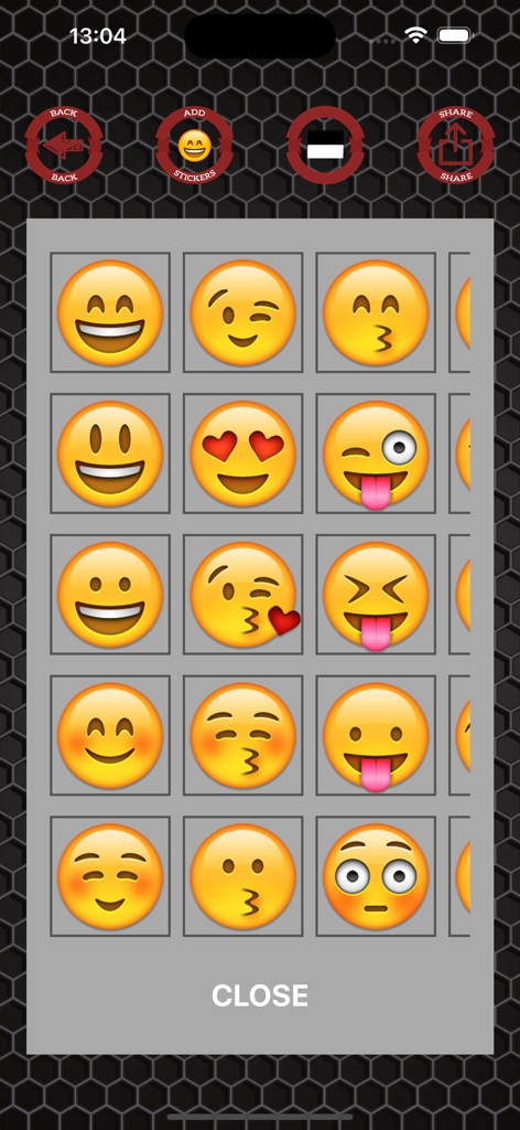 Emoji stickers to photos - A menu displaying a variety of classic yellow emoji stickers for photo editing.
