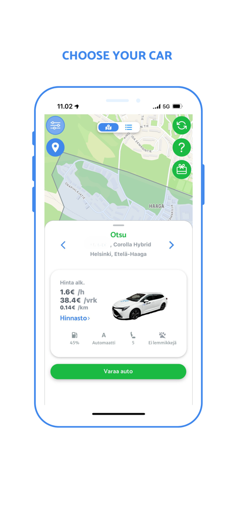 Omago Car Sharing & Rental - Omago app interface showing car selection and location on a map.