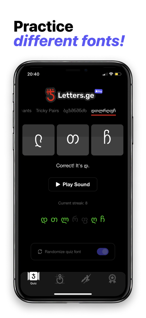 Interface of the Letters.ge app showing a Georgian alphabet quiz with a feature to practice different fonts.