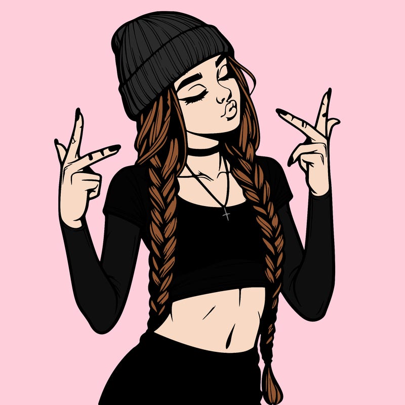 realistic teenage girl with braids and a beanie and crop top doing 🫶🏼