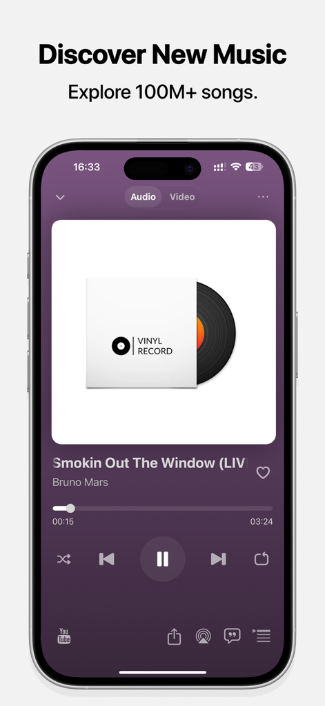 TubePod-Video&Audio Streaming - TubePod app interface displaying the music player and discovery feature for songs