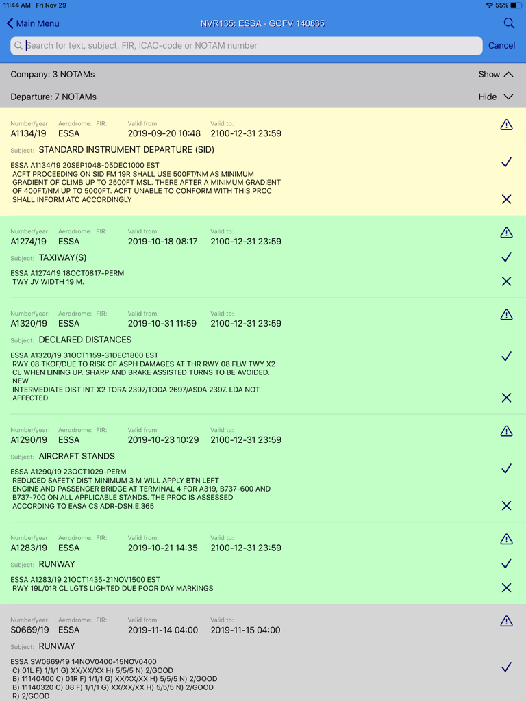 Flight Briefing - Lista digital de NOTAMs de partida e informações de segurança de aviação exibidas no aplicativo Briefing de Voo no iPad