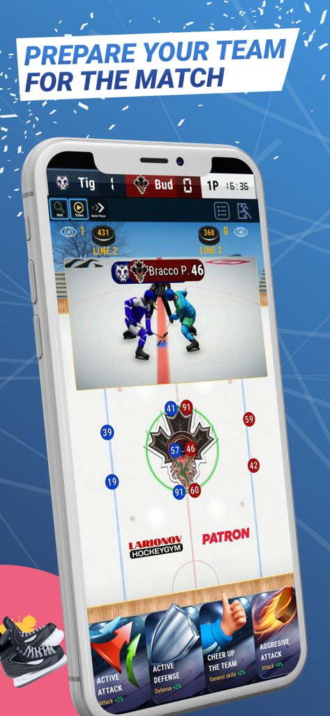 Big6: Hockey Manager NHL Stars - In-game tactical interface of Big6 Hockey Manager showing team preparation and strategy options for a match.