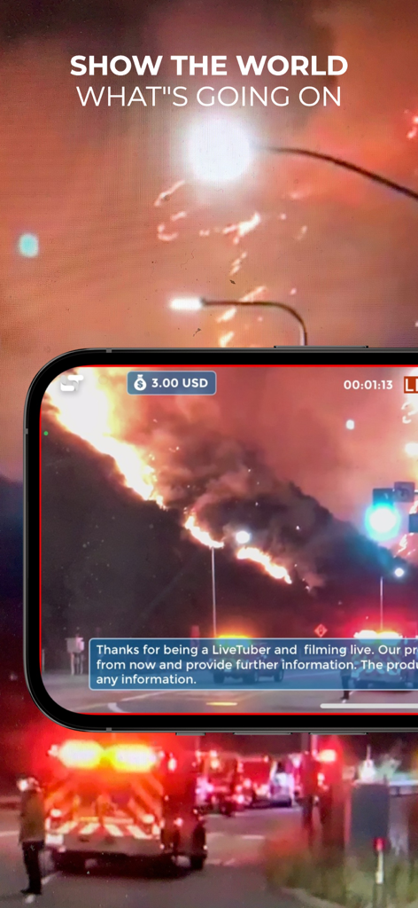 A mobile phone livestreaming a fire incident using the LiveTube app with an earnings display