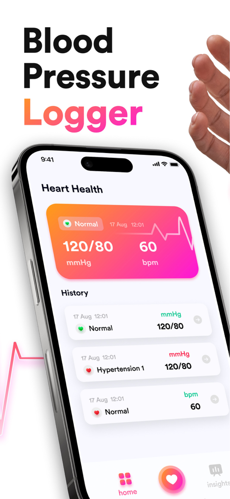 Blood Pressure Logger, Reader - Pantalla de iPhone que muestra la interfaz de la aplicación Blood Pressure Logger con una lectura normal de 120 sobre 80 y un registro del historial de salud cardiovascular.