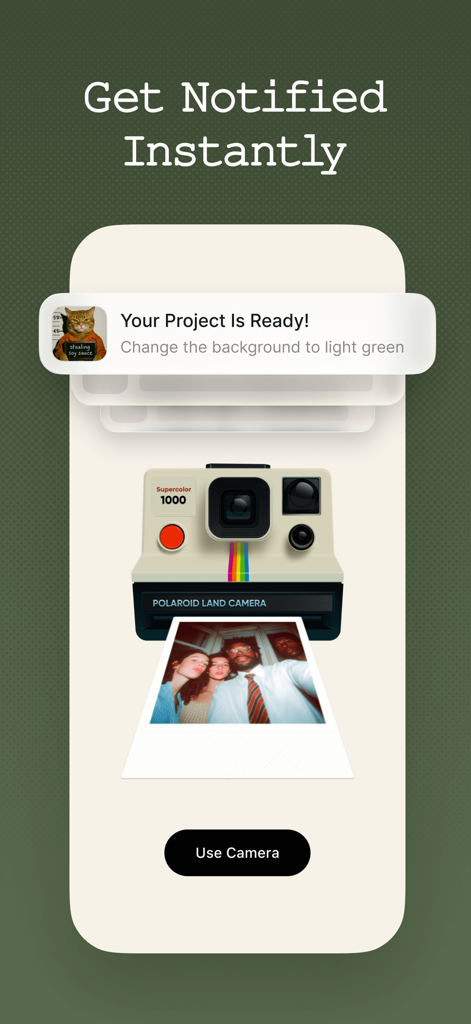 YouWare-Vibe Code Apps with AI - YouWareアプリでAIプロジェクトが準備完了になったことを示す通知を表示するモバイル画面