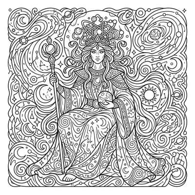 Journey into the cosmos with this stunning Primordial Deity coloring page, featuring a majestic goddess amidst swirling celestial patterns. Discover intricate details and bring this powerful mythological being to life with your unique color palette.
