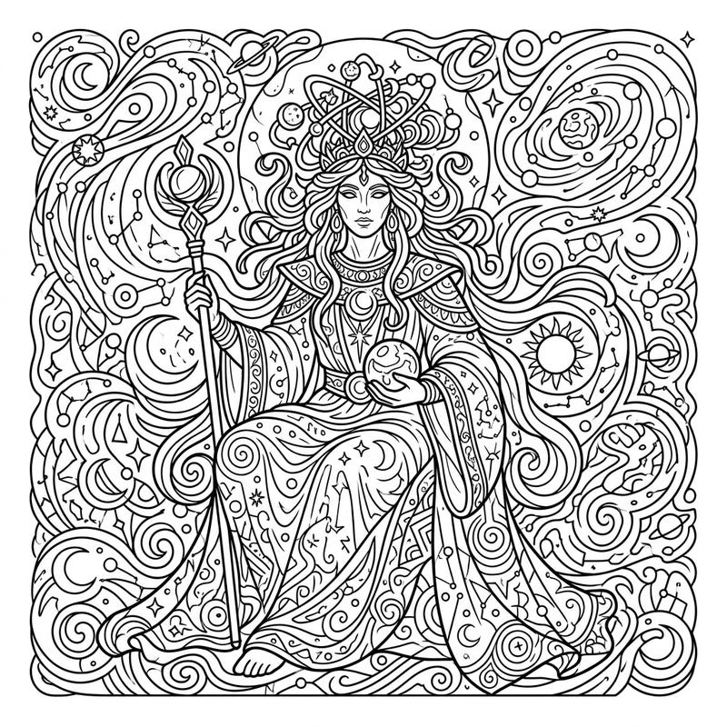 Journey into the cosmos with this stunning Primordial Deity coloring page, featuring a majestic goddess amidst swirling celestial patterns. Discover intricate details and bring this powerful mythological being to life with your unique color palette.