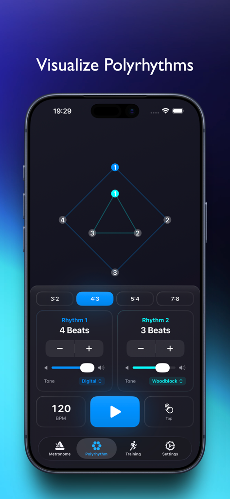 FlowBeats - FlowBeats app screen displaying a 4 to 3 polyrhythm visualization with geometric interlocking patterns and rhythm settings.