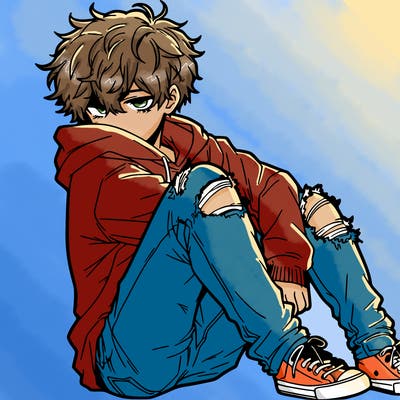 a male hoddie ripped jeans messy hair anime