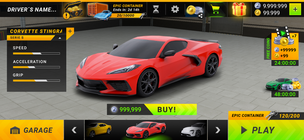 Roter Corvette Stingray Sportwagen im Drive For Speed-Garagenmenü