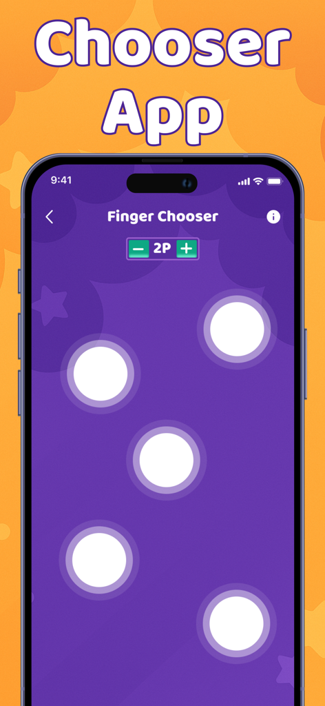 Finger Picker - Random Chooser - Finger Picker app interface with glowing touch circles for random selection on a purple background.
