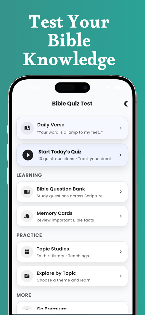 Bible Quiz Unlimited & Trivia - Menú principal de la aplicación Bible Quiz Unlimited que presenta versículos diarios y cuestionarios de trivia