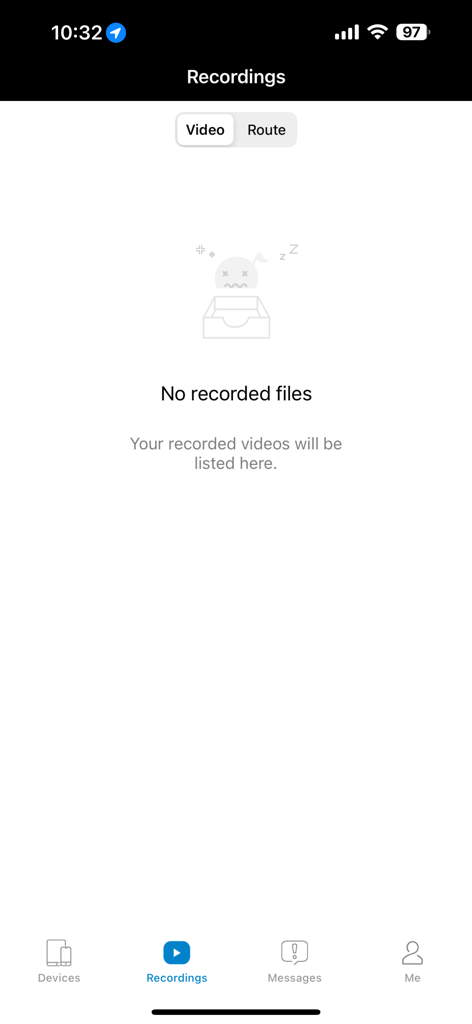 TrackView - Find My Phone - Bildschirm für Aufnahmen in der TrackView-App, der den leeren Zustand des Video- und Routenverlaufs zeigt