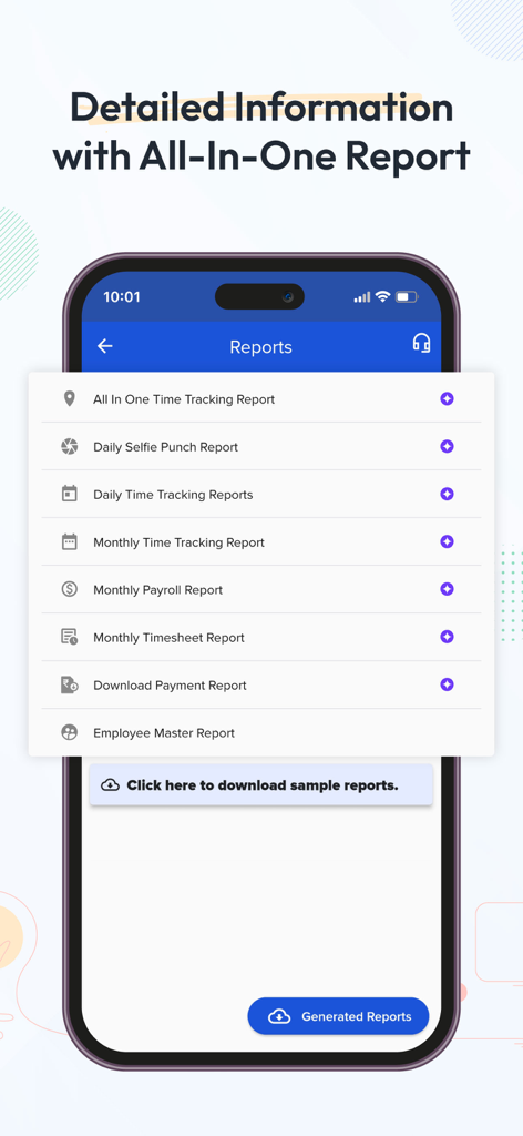 factoTime - Attendance App - factoTime app reports screen showing various time tracking and payroll report options for business owners