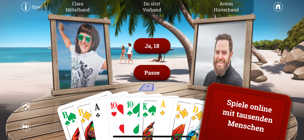 Skat - Interfaz móvil del juego de cartas Skat con un fondo de playa tropical y avatares de oponentes personalizables.