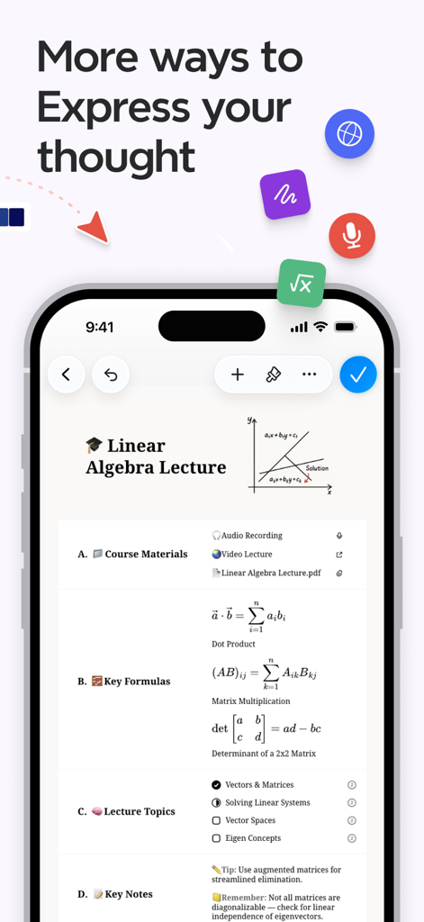 Captura de pantalla de la aplicación móvil Xmind mostrando una nota de clase de álgebra lineal con fórmulas matemáticas y un gráfico de coordenadas.