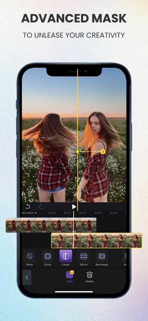 Filmigo mobile app interface demonstrating the advanced masking tool for creative video editing