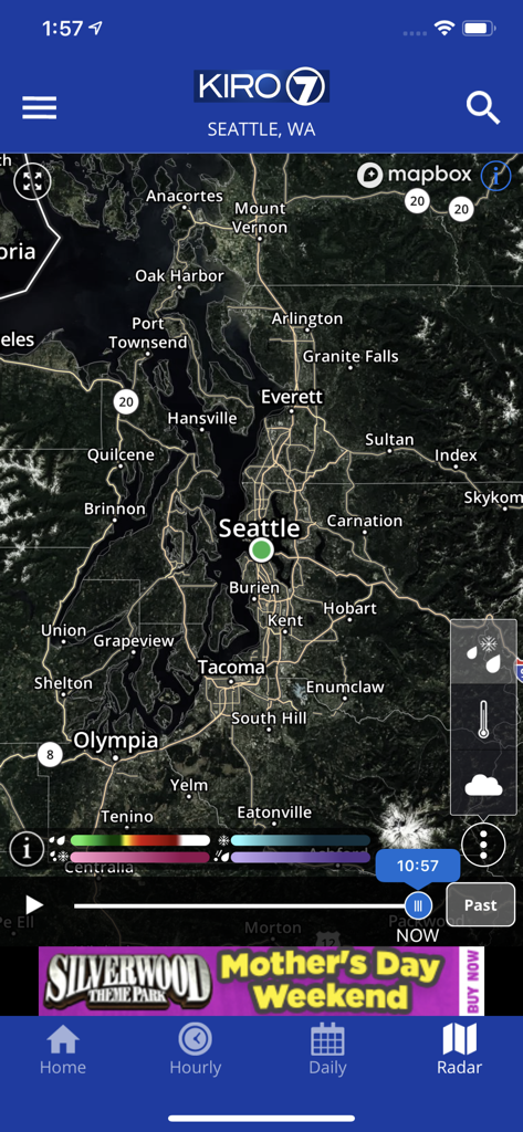 Interactive weather radar map of the Seattle region in the KIRO 7 PinPoint Weather app