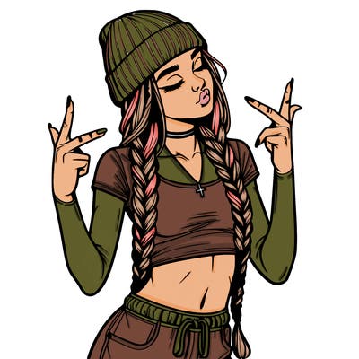 realistic teenage girl with braids and a beanie and crop top doing 🫶🏼