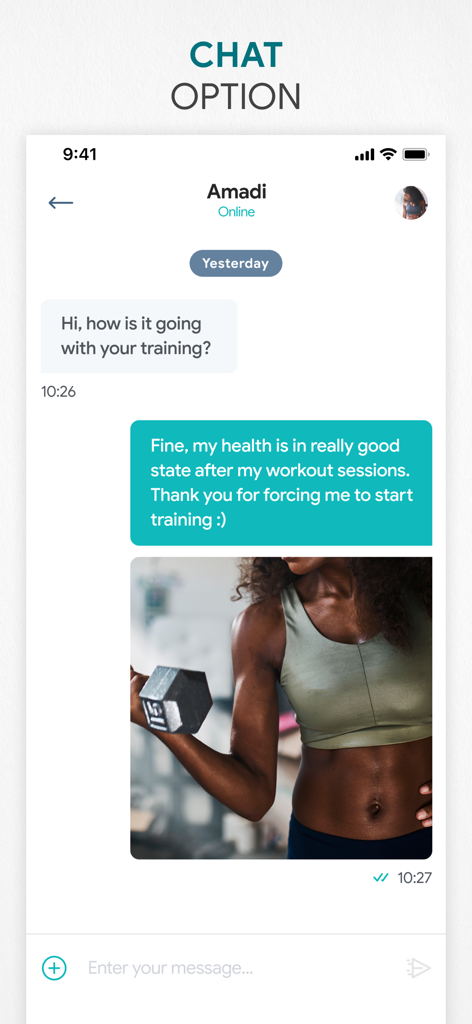 In-app chat screen showing a conversation between a user and a personal trainer with a progress photo.