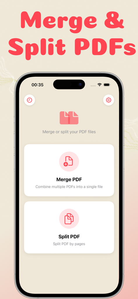 PDF Merge & Split Tool - PDF Merge and Split Tool mobile interface showing merge and split document options