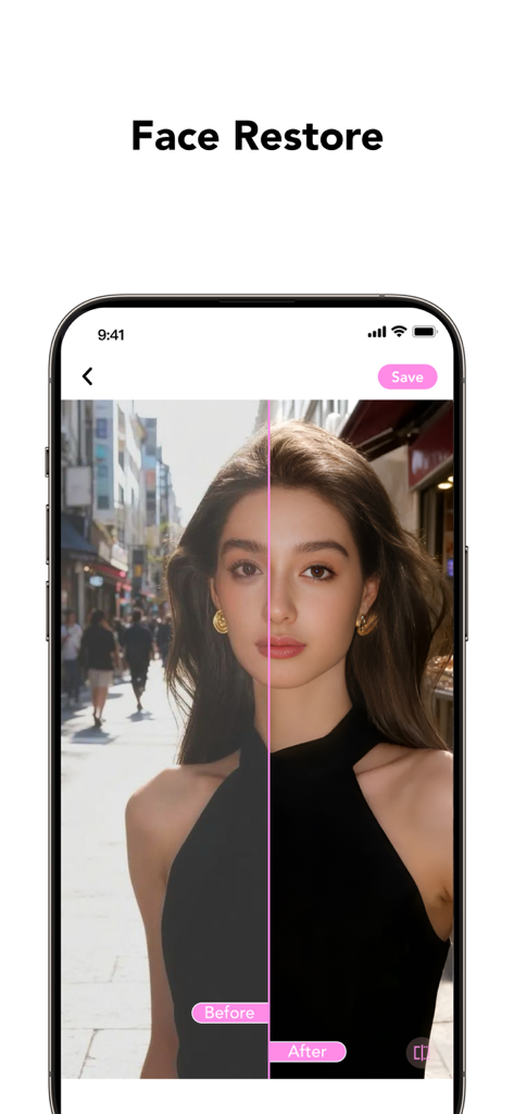 GlowCam: AI Photo Editor - Before and after split screen showing AI face restore and portrait enhancement in GlowCam app