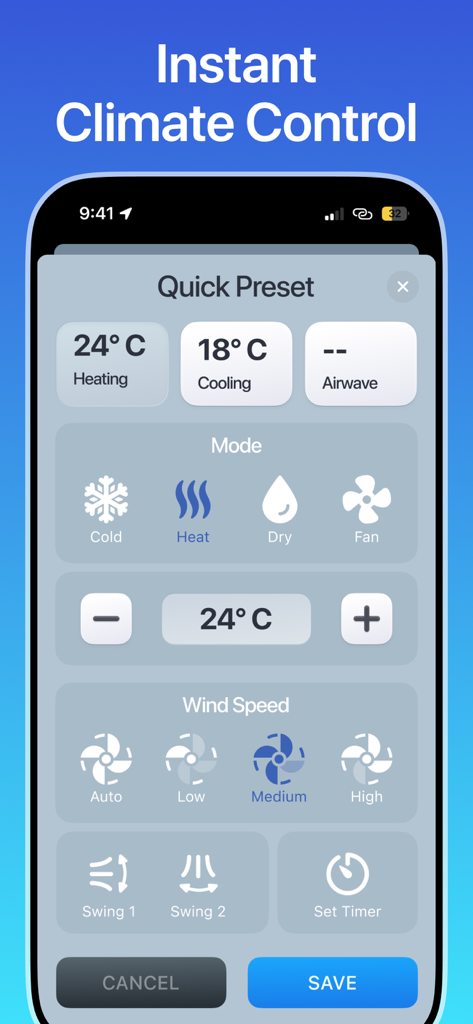 Air Conditioner Controller - Écran de smartphone montrant une application de contrôle de climatiseur avec des paramètres de climat et de température