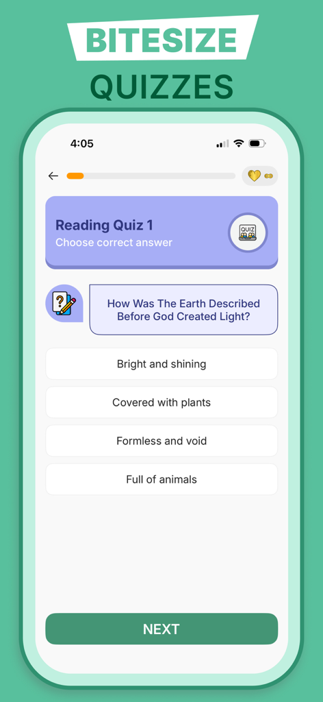 Bible for Beginners in a Year - Oberfläche eines interaktiven Bibelstudien-Quiz mit einer Frage zur Schöpfung und Multiple-Choice-Antworten.