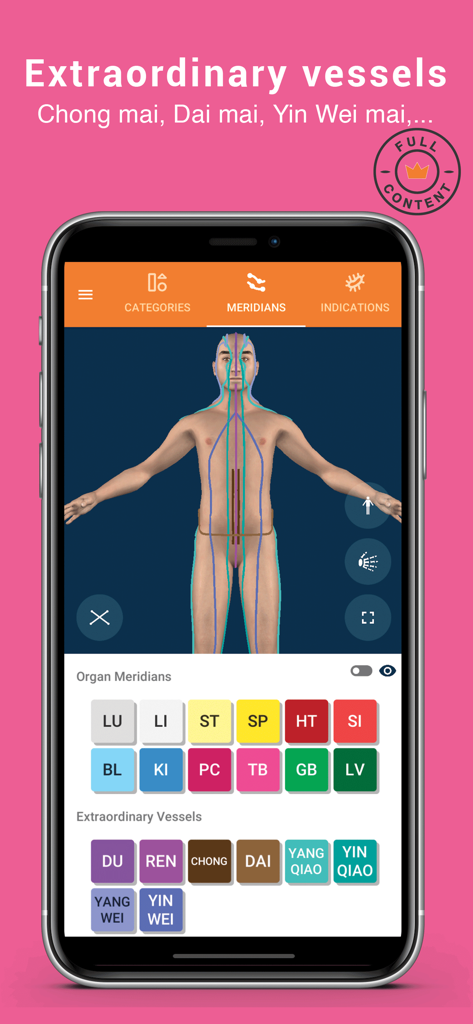 Tsubook - Tsubook app screen showing acupuncture meridians and extraordinary vessels on a 3D anatomy model