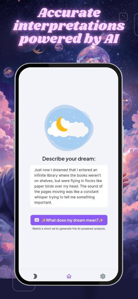 Dream AI: Dream Interpreter - Interface of the Dream AI app showing a user entering a dream description about an infinite library for AI analysis