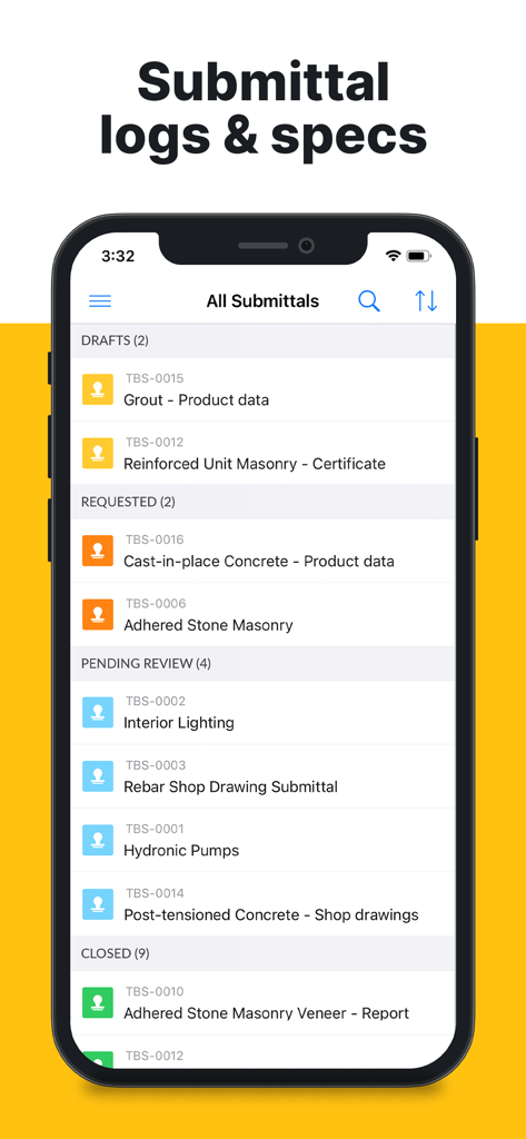 A smartphone showing the Fieldwire app submittal logs and project specifications screen