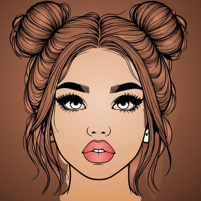 realistic girl with two buns on her hair and lips