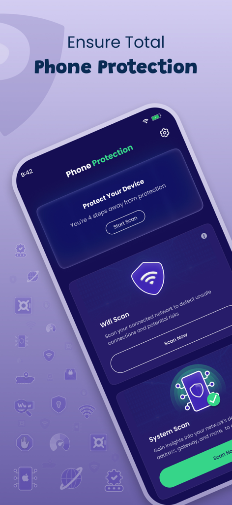 Phone Protection for iPhone - Panel de la aplicación Protección de Teléfono mostrando funciones de escaneo de WiFi y sistema para iPhone