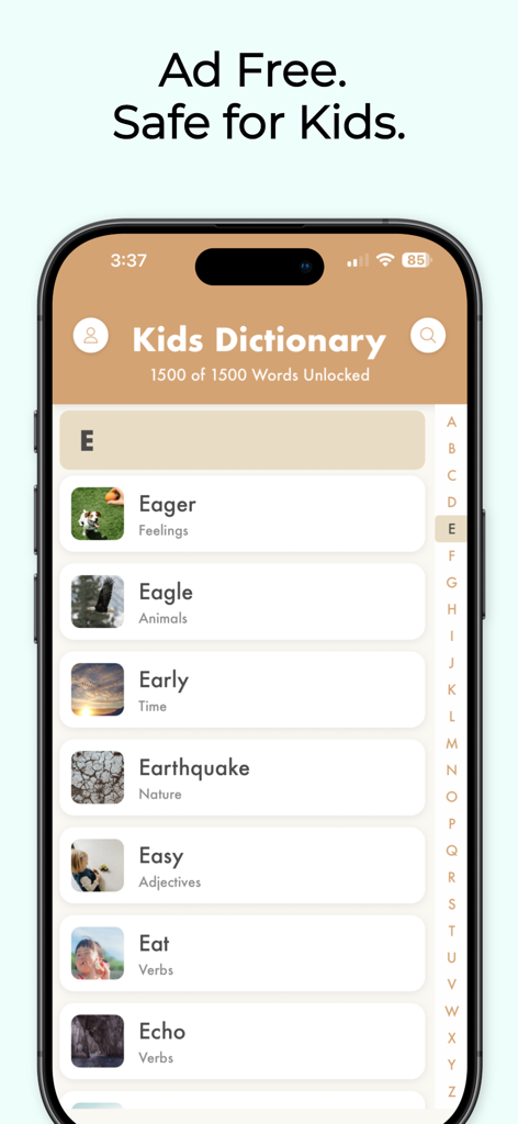 Kids Dictionary School Edition - Interface of Kids Dictionary School Edition showing a list of words starting with the letter E with images and categories