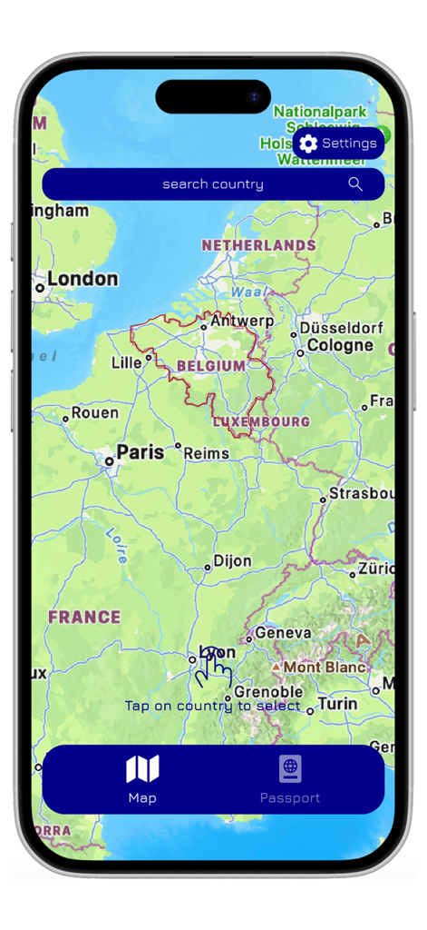 My World | Travel Map - Smartphone screen showing an interactive world map in the My World app focused on Europe with a country search bar and navigation icons.
