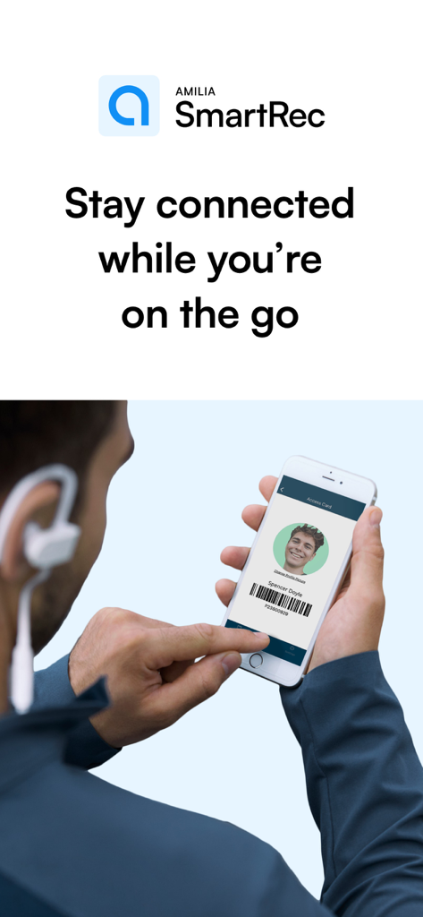 Amilia - A person holding a smartphone showing a digital membership access card with a barcode and profile photo.