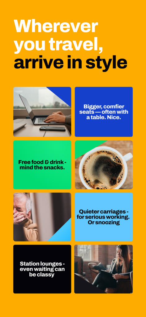 Seatfrog: Rail Journey Planner - Graphic detailing Seatfrog app benefits like bigger seats free food and station lounge access for first class rail travel