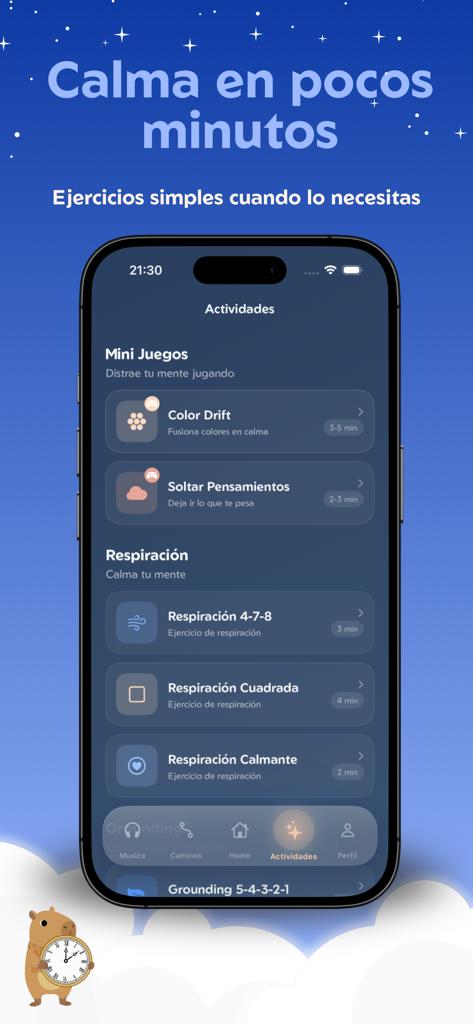 Tranqui - Bienestar Emocional - Interfaz de la app Tranqui mostrando ejercicios de respiracion y juegos para el bienestar emocional