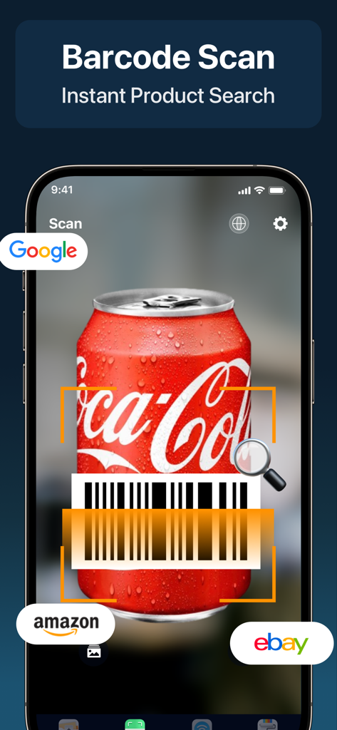 Smartphone app scanning a barcode on a red soda can for instant product search on Google Amazon and eBay.