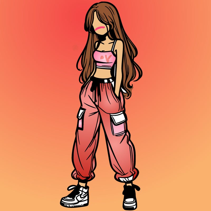 girl in baggy pants crop top and long hair