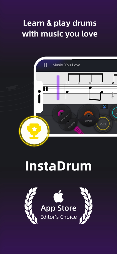InstaDrum - Be a Drummer Now - InstaDrum app interface showing drum notation and the Apple App Store Editors Choice badge