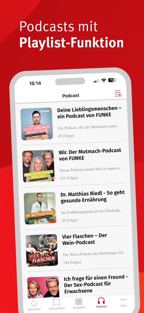 WR E-Paper App-Oberfläche mit einer Liste von redaktionellen Podcasts mit einer Playlist-Funktion