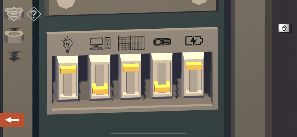 Vue rapprochée d'un tableau électrique avec des icônes pour les lumières et les ordinateurs dans Tiny Room Story Town Mystery.