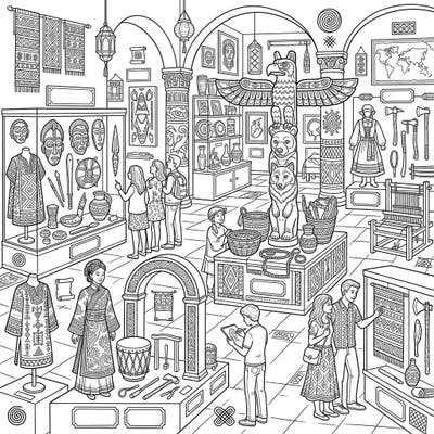 Embark on an artistic journey through history with this captivating ethnography museum coloring page, crafted especially for teens. Discover fascinating artifacts and intricate patterns from diverse global cultures, ready for your creative touch.