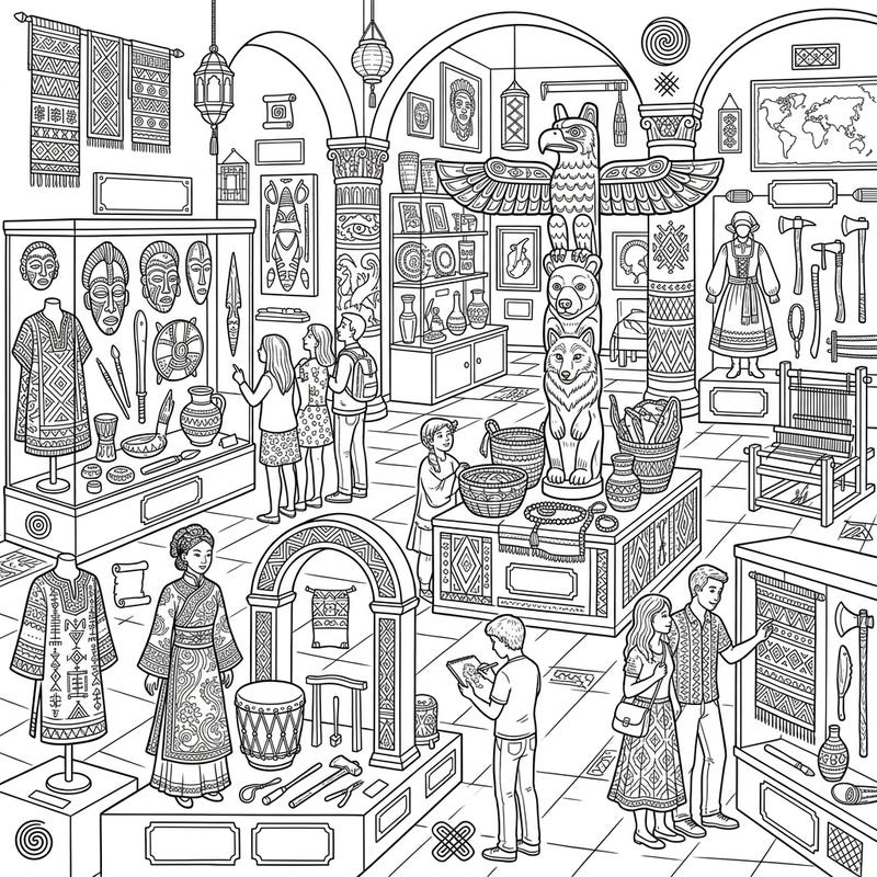 Embark on an artistic journey through history with this captivating ethnography museum coloring page, crafted especially for teens. Discover fascinating artifacts and intricate patterns from diverse global cultures, ready for your creative touch.