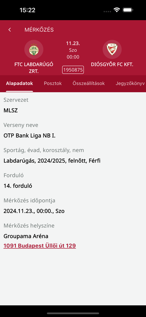 MeccsnApp screen showing match details for a soccer game between FTC and Diosgyor